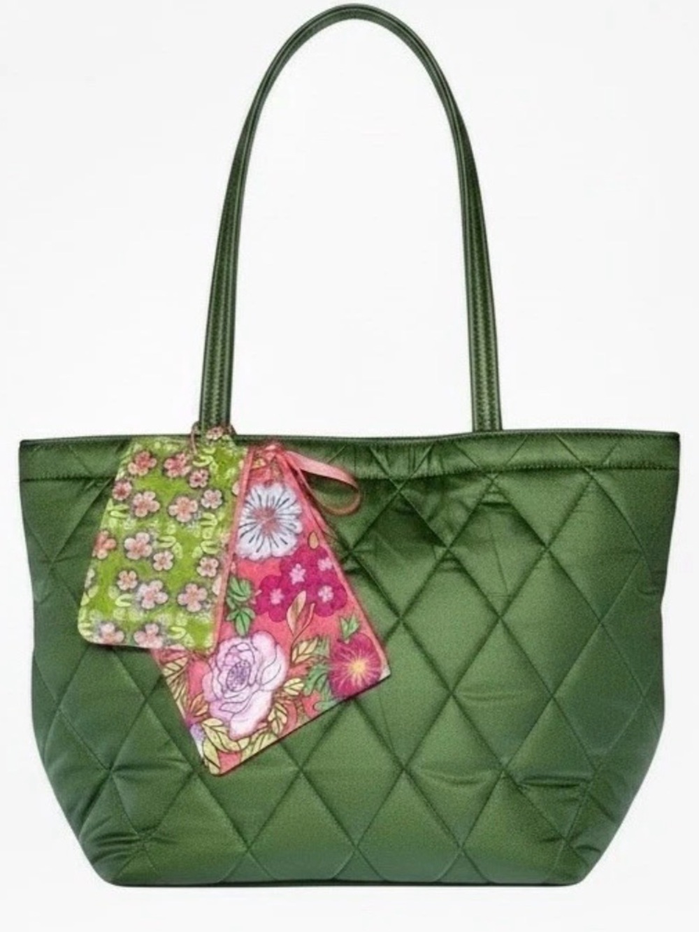 Quilted Olive Green Tote Bag with Floral Tags